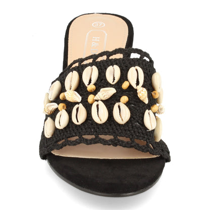 Cyrena Sea Noir – Sandalia Negra de Tacón para Mujer Adornada con Conchas y Talón Abierto