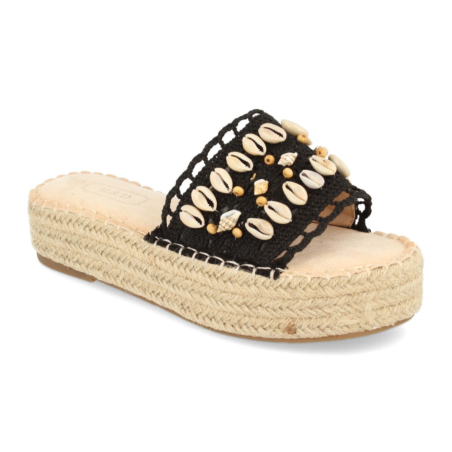 Sandalia de Plataforma para Mujer con Yute, Pala Ancha Adornada con Conchas y Talón Abierto