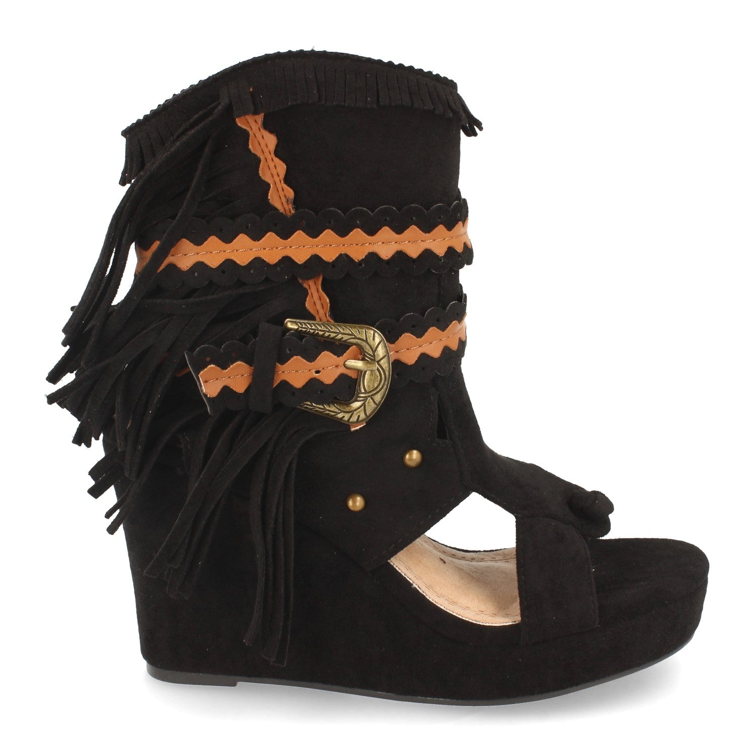 Botin mujer negro con cuña y flecos