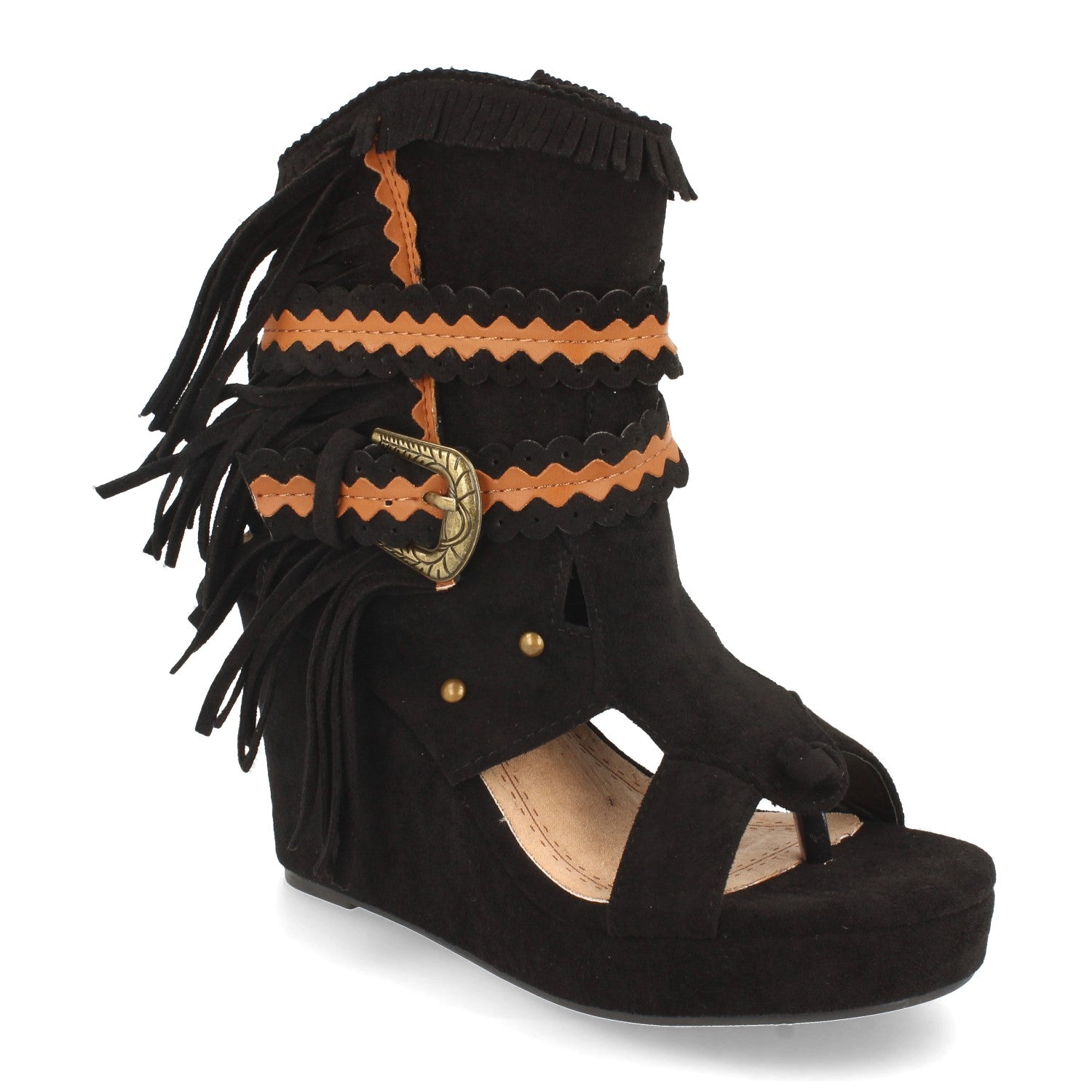 Botin mujer negro con cuña y flecos