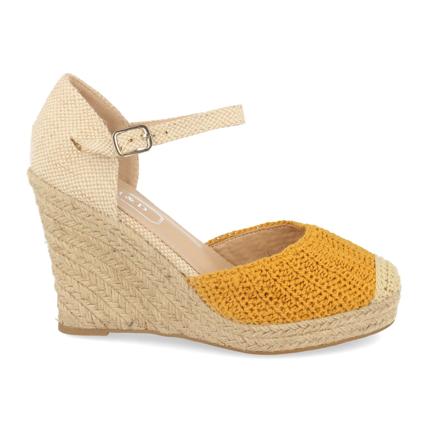 Sandalia de Cuña con Yute, Estilo Ankle Strap, Pala de Crochet y Hebilla