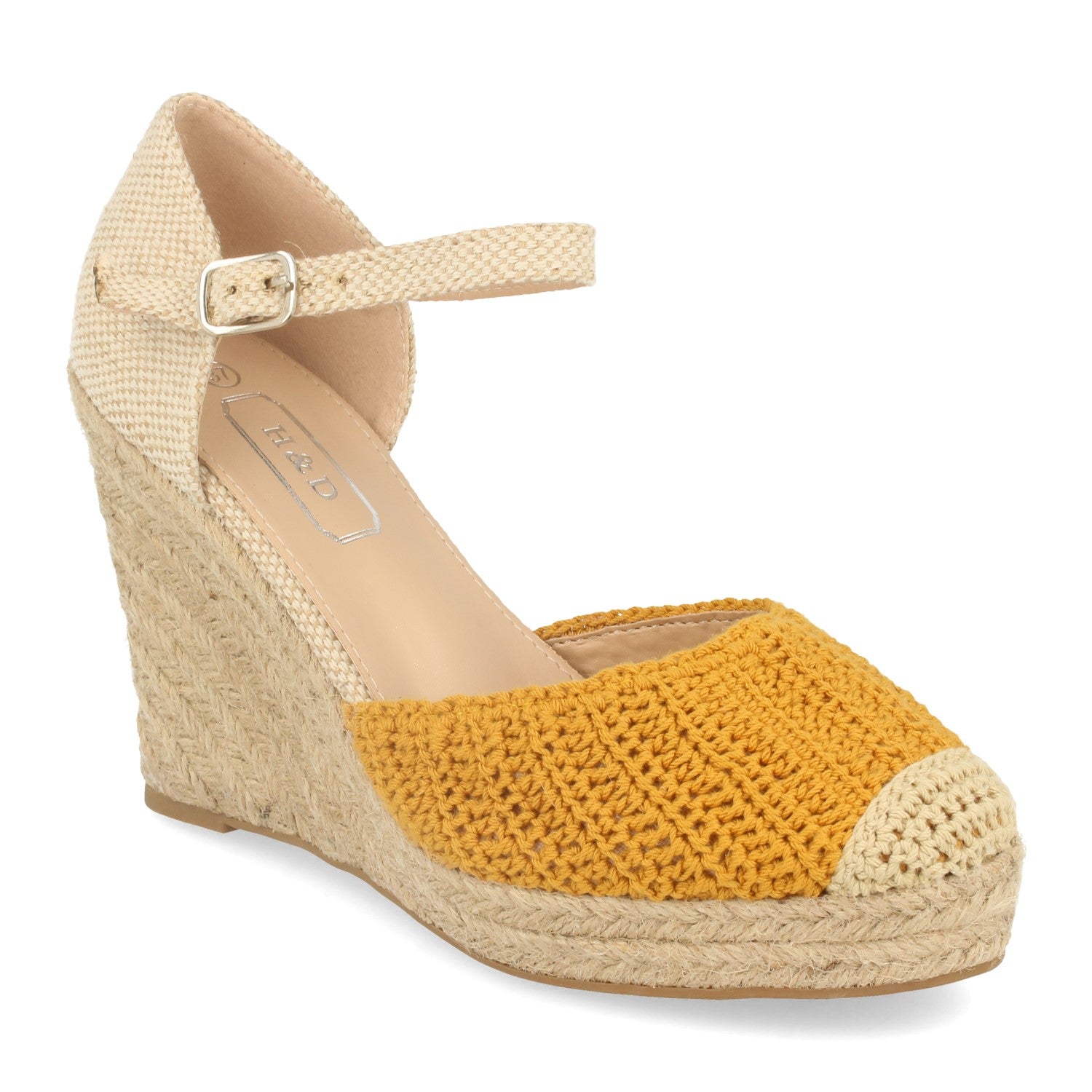 Sandalia de Cuña con Yute, Estilo Ankle Strap, Pala de Crochet y Hebilla