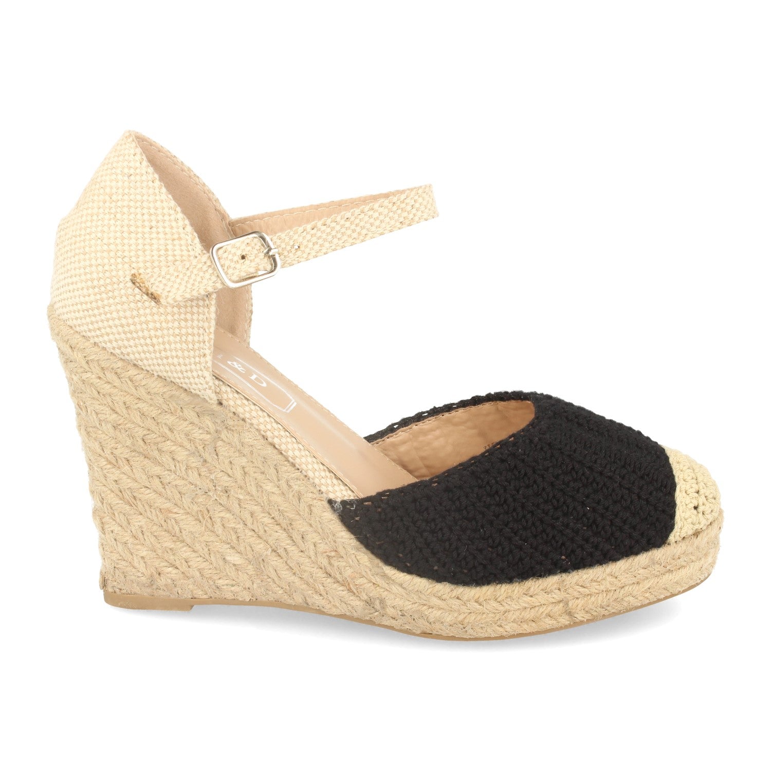 Sandalia de Cuña con Yute, Estilo Ankle Strap, Pala de Crochet y Cierre de Hebilla