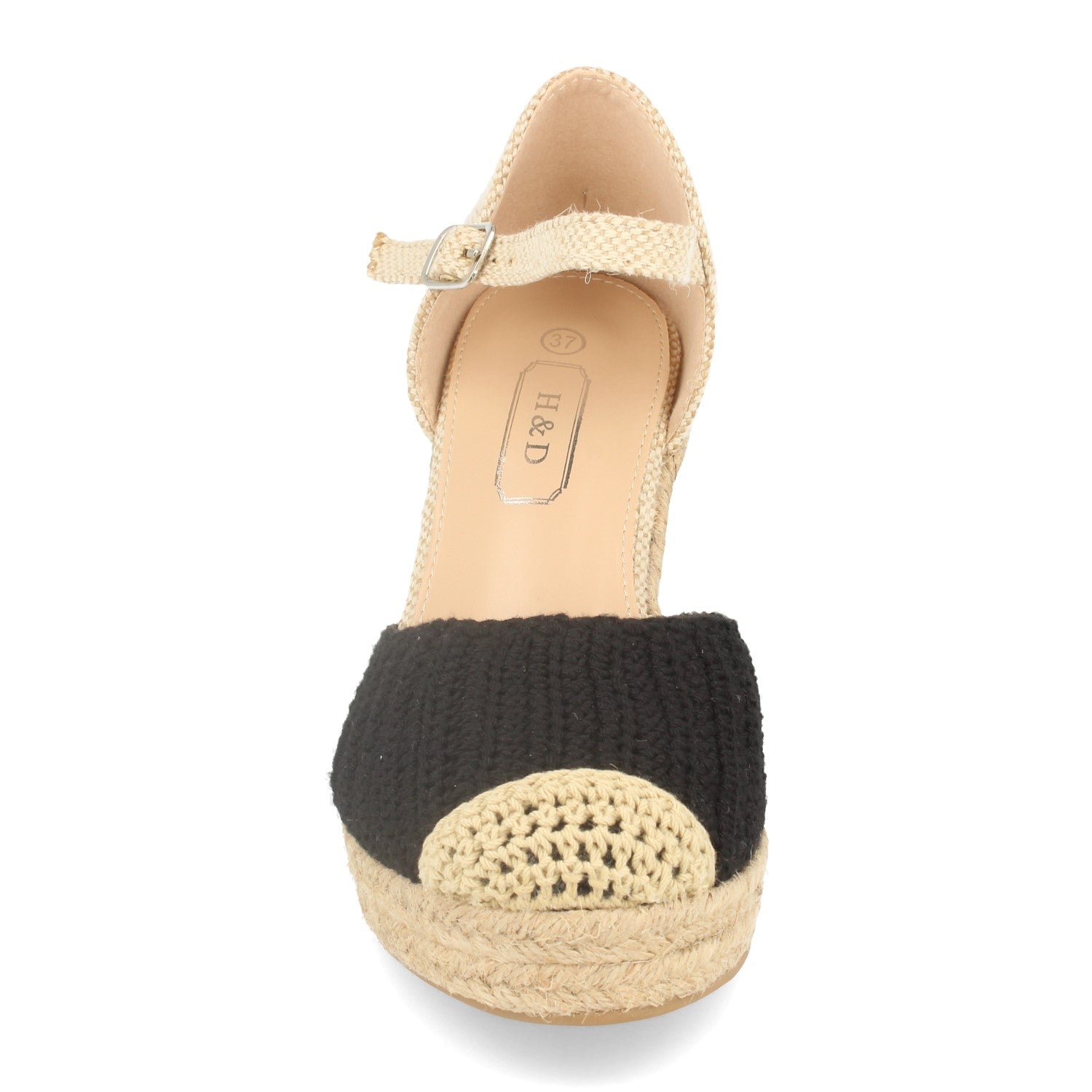 Sandalia de Cuña con Yute, Estilo Ankle Strap, Pala de Crochet y Cierre de Hebilla