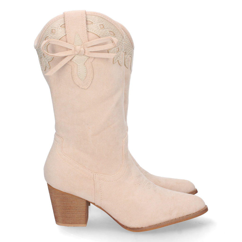 Bota de Tacón para Mujer con Grabado, Lazo en la Caña y Punta Fina