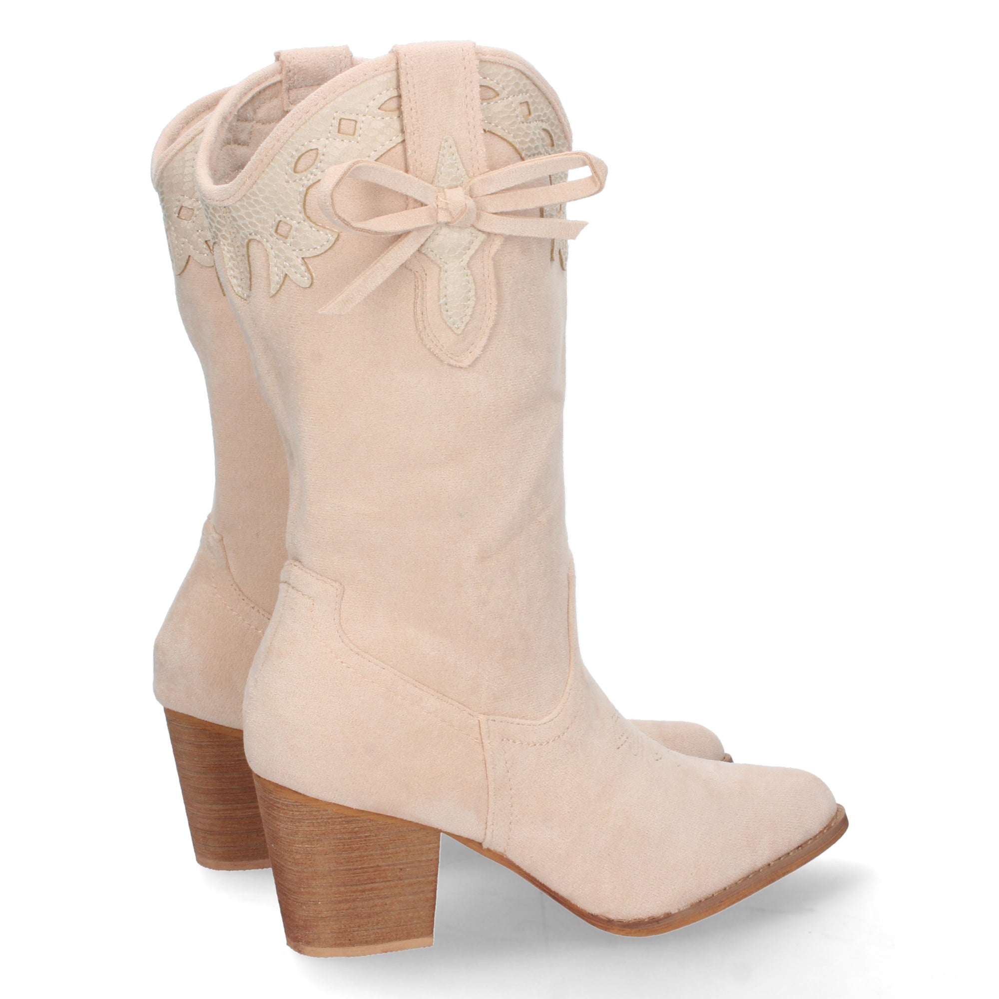 Bota de Tacón para Mujer con Grabado, Lazo en la Caña y Punta Fina