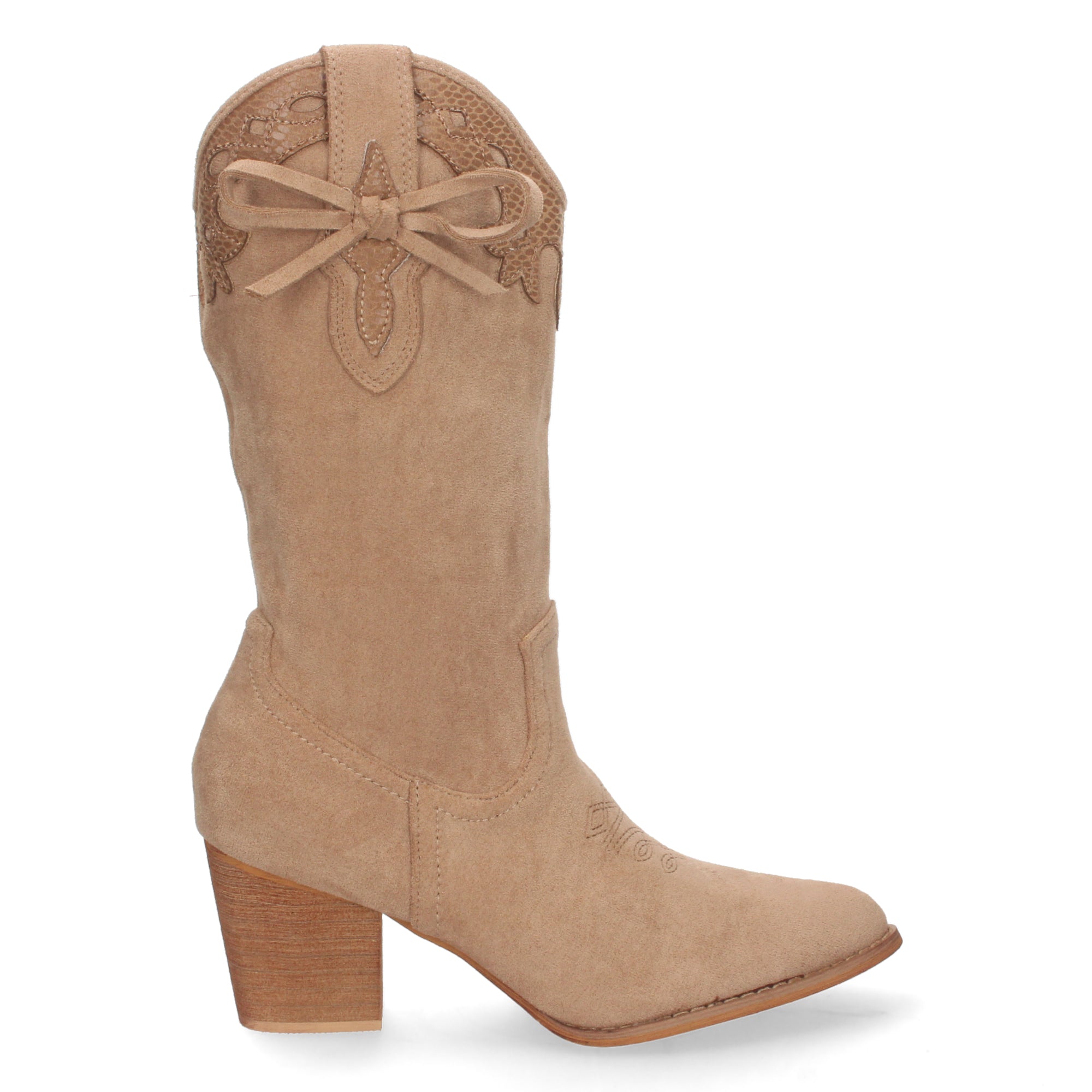 Bota de Tacón para Mujer con Grabado, Lazo en la Caña y Punta Fina