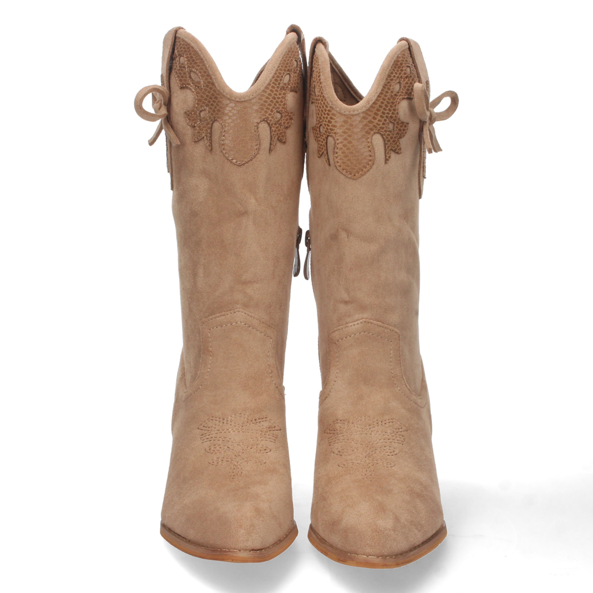 Bota de Tacón para Mujer con Grabado, Lazo en la Caña y Punta Fina