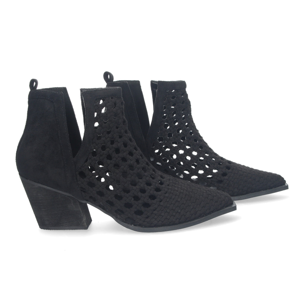 Botin elegante negro con tiras trenzadas