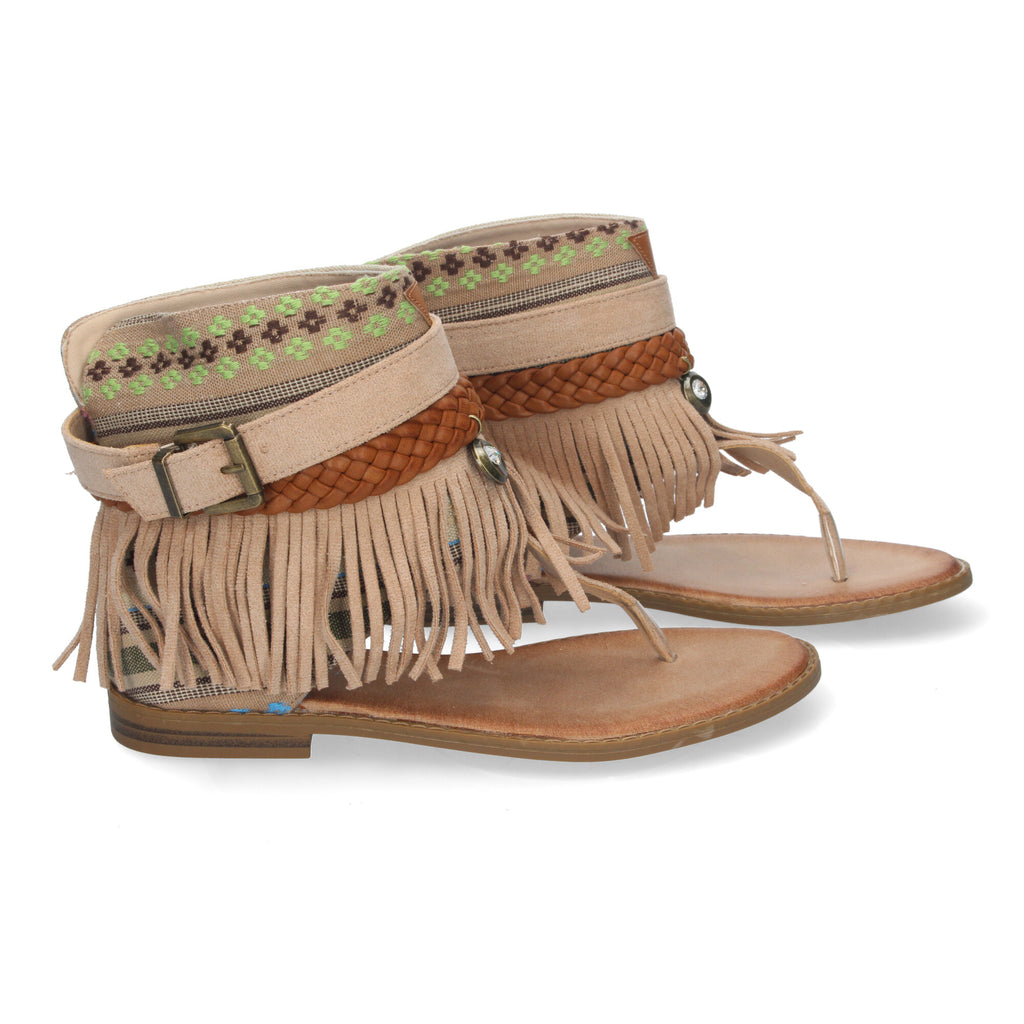 Sandalia Plana para Mujer con Flecos y Hebilla Ajustable