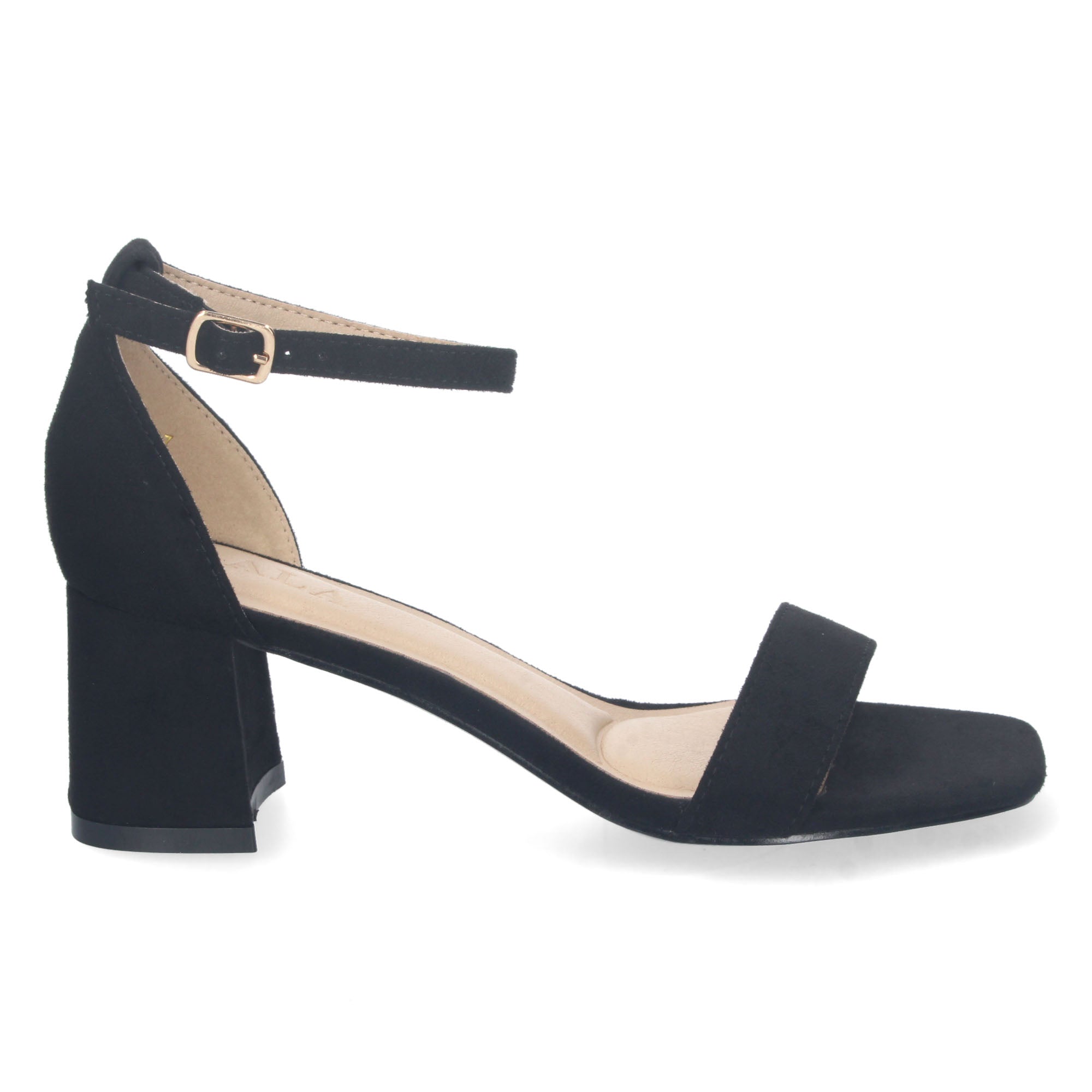 Sandalia Negra de Tacon Bajo Ankle Strap  Para Mujer