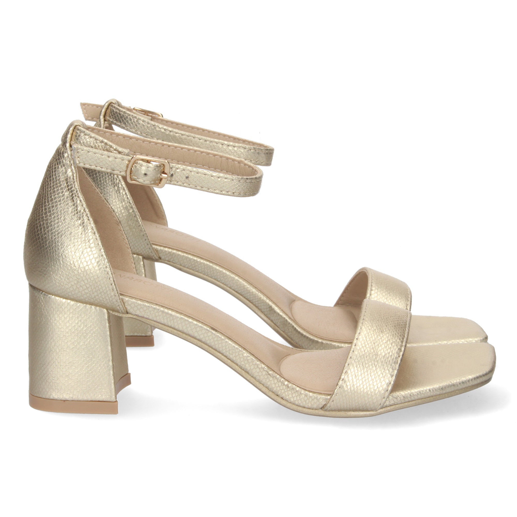 Sandalia Dorada de Tacon Bajo Ankle Strap  Para Mujer