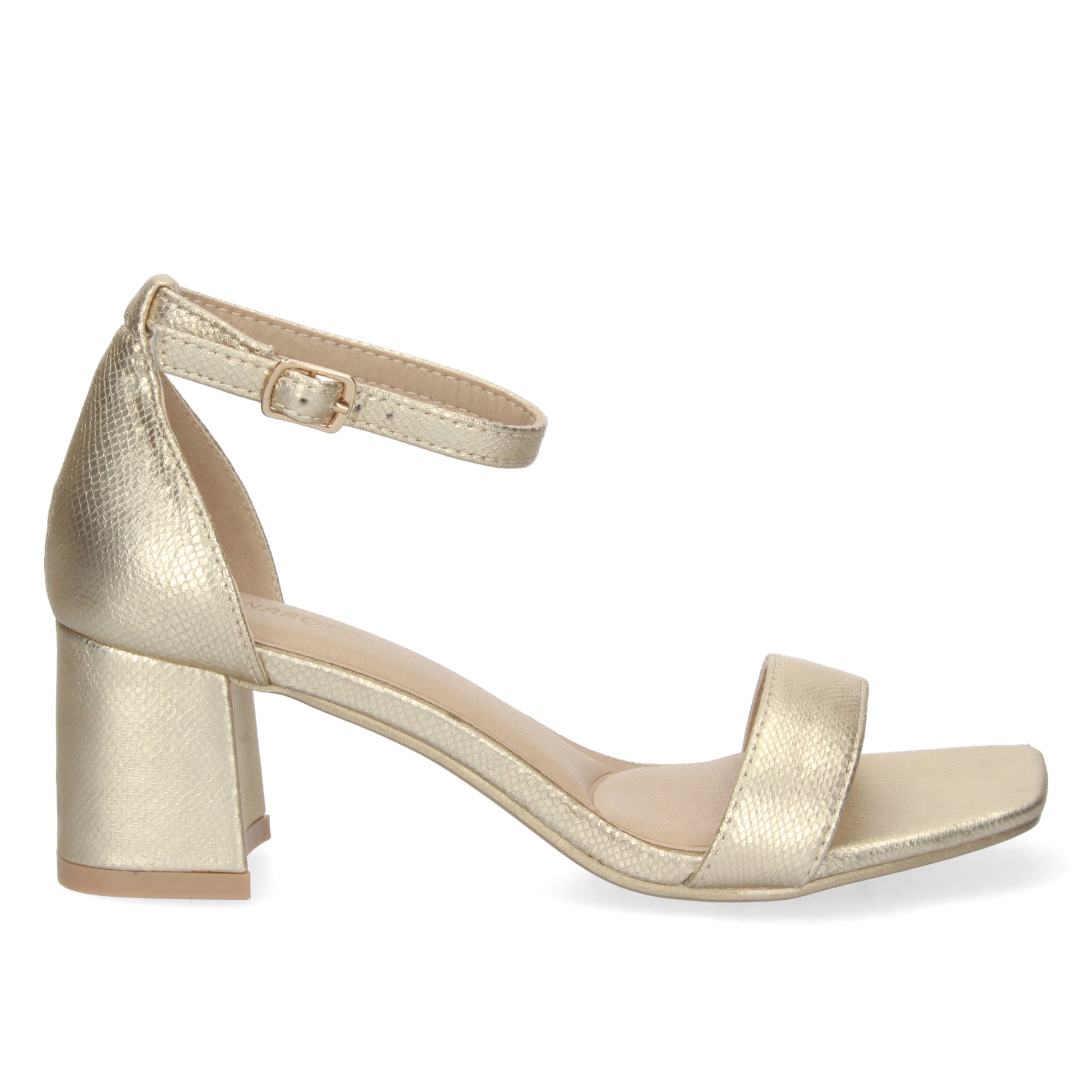 Sandalia Dorada de Tacon Bajo Ankle Strap  Para Mujer
