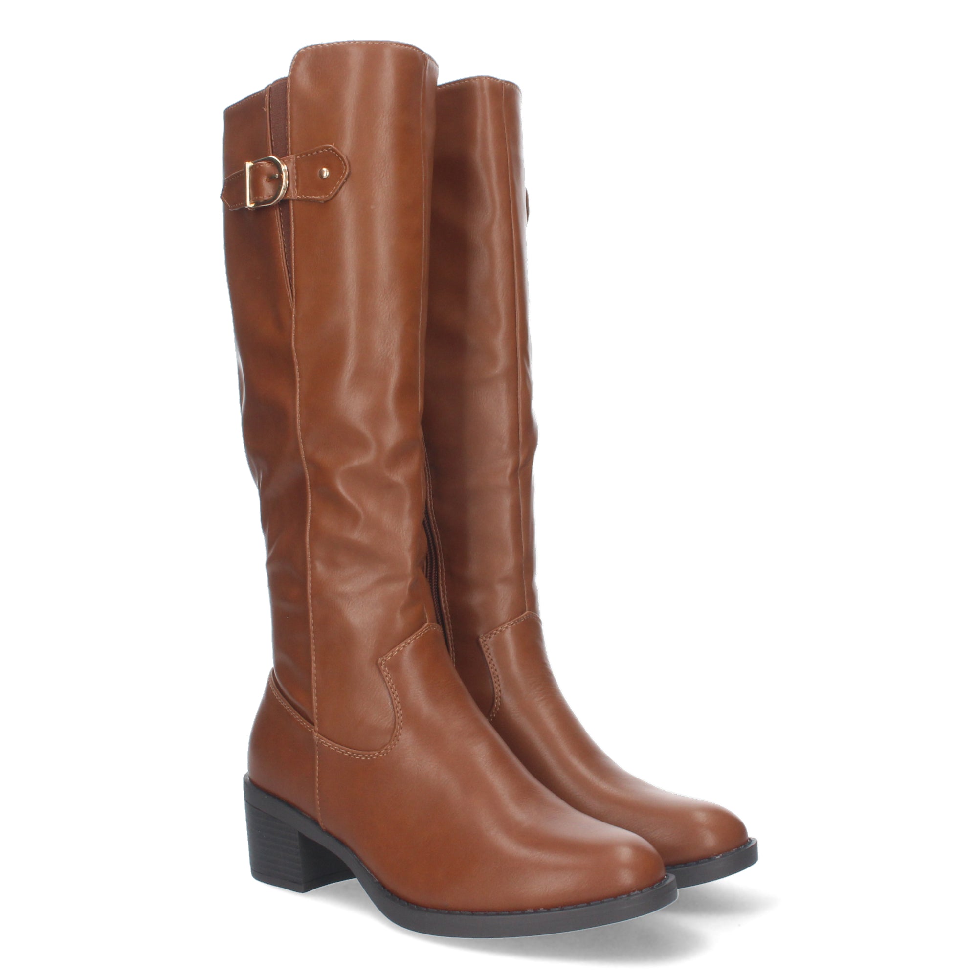 Bota Lisa de Tacón Bajo con Hebilla y Cremallera