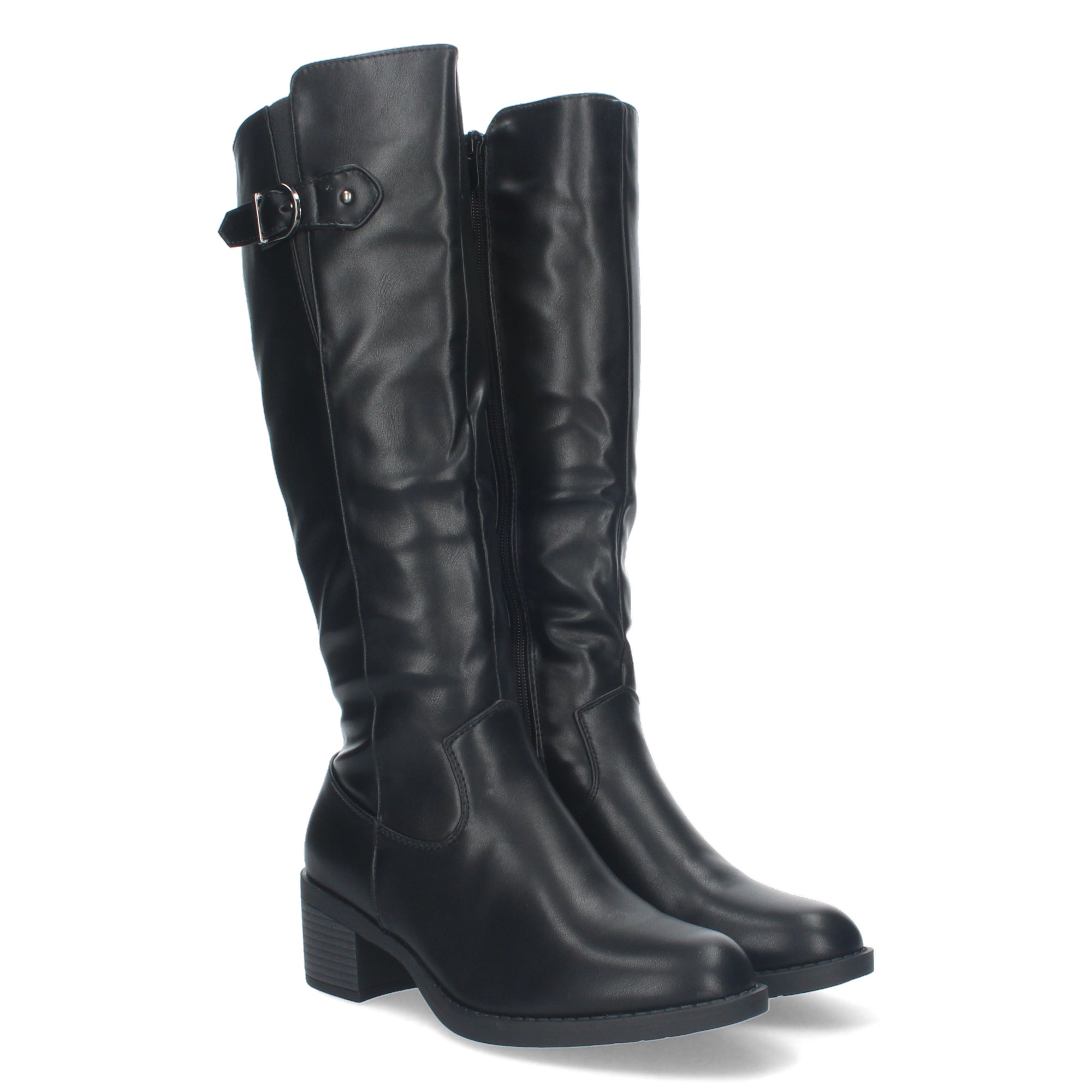 Bota Lisa de Tacón Bajo con Hebilla y Cremallera